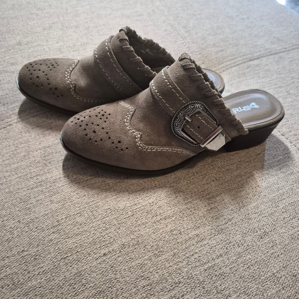 Dirty Laundry Women Taupe Suede Western Buckle Mules Brogue Clogs Low Block